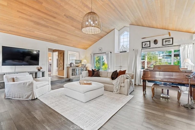 3061 Wood Dr, Cambria, CA 93428 - living room featuring wood ceiling, high vaulted ceiling, a chandelier, and wood finished floors