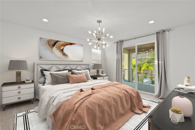 28600 Foothill Way, Saugus, CA 91350 - bedroom featuring access to outside, carpet, a chandelier, and recessed lighting