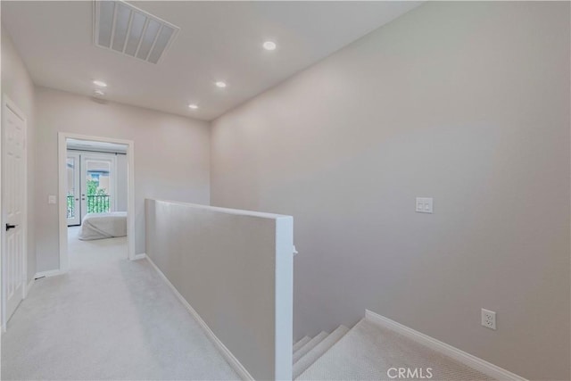 1705 Almond Tree Pl, Upland, CA 91784 - hall with an upstairs landing, carpet, baseboards, and recessed lighting