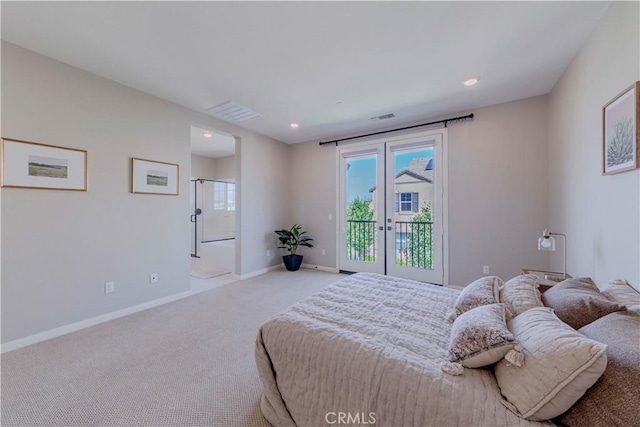 1705 Almond Tree Pl, Upland, CA 91784 - carpeted bedroom featuring access to exterior, french doors, baseboards, recessed lighting, and ensuite bath