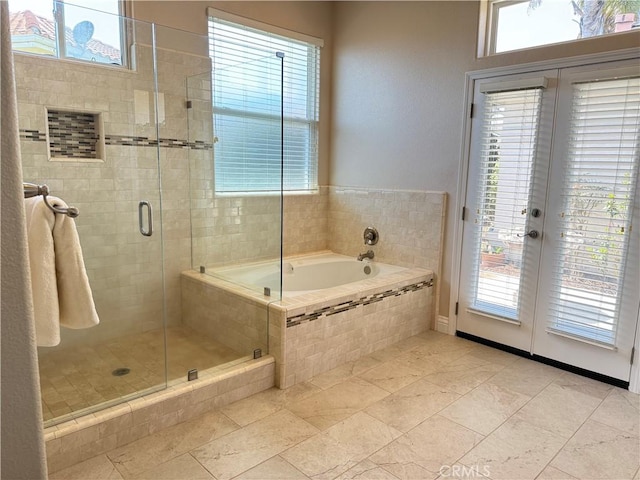 1145 Oakmont Pl, Nipomo, CA 93444 - bathroom with french doors, a shower stall, and healthy amount of natural light