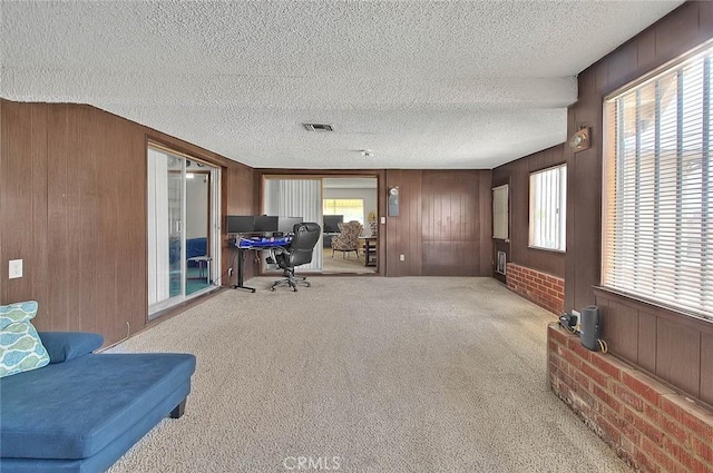 18021 E Cypress St, Covina, CA 91722 - carpeted home office with wooden walls, a textured ceiling, and plenty of natural light