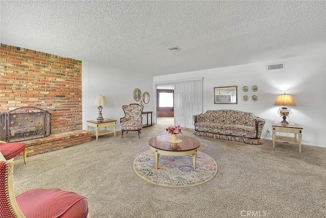 18021 E Cypress St, Covina, CA 91722 - living room with carpet flooring, a textured ceiling, and a fireplace