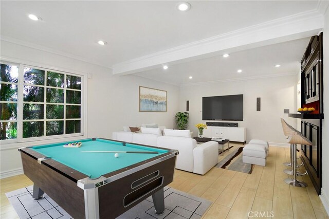 game room with light wood-style floors, recessed lighting, pool table, crown molding, and baseboards