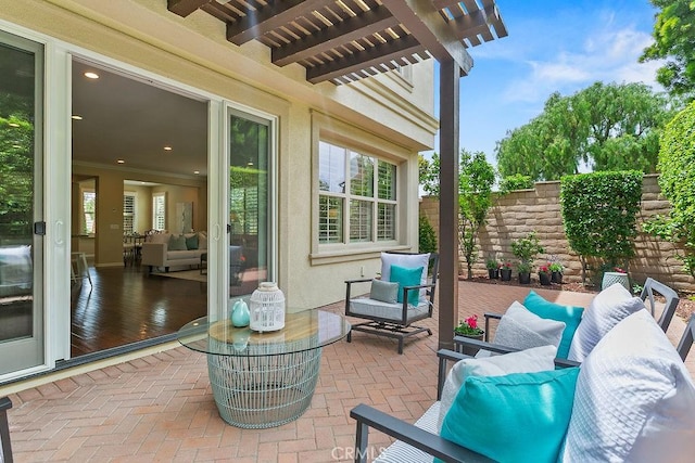 56 Marblehead, Irvine, CA 92620 - view of patio / terrace with a pergola, an outdoor living space, and fence