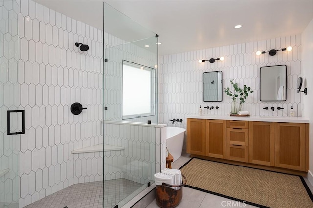 2315 Heather Ln, Newport Beach, CA 92660 - bathroom with a tile shower, tile patterned flooring, a freestanding bath, and double vanity