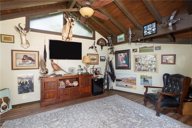 2315 Heather Ln, Newport Beach, CA 92660 - living area featuring a ceiling fan, wood ceiling, wood finished floors, and baseboards