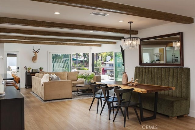 2315 Heather Ln, Newport Beach, CA 92660 - dining space featuring beamed ceiling, wood finished floors, a chandelier, and recessed lighting