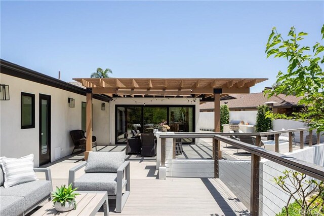 2315 Heather Ln, Newport Beach, CA 92660 - wooden terrace featuring a pergola, an outdoor living space, and outdoor dining space