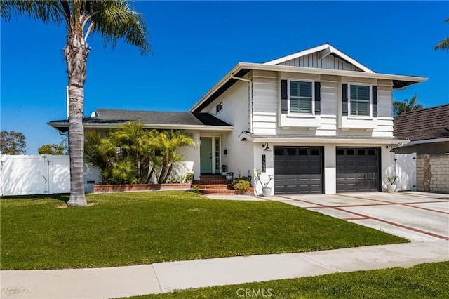 17252 Breda Ln, Huntington Beach, CA 92649 - tri-level home featuring a garage, concrete driveway, stucco siding, and board and batten siding