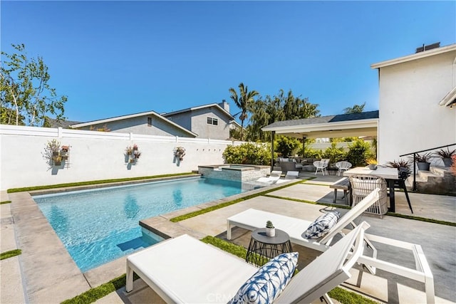 17252 Breda Ln, Huntington Beach, CA 92649 - view of swimming pool with an outdoor hangout area, a patio area, a fenced backyard, and a pool with connected hot tub