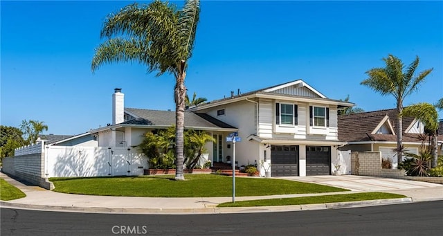 17252 Breda Ln, Huntington Beach, CA 92649 - view of front facade with driveway, an attached garage, stucco siding, and a chimney
