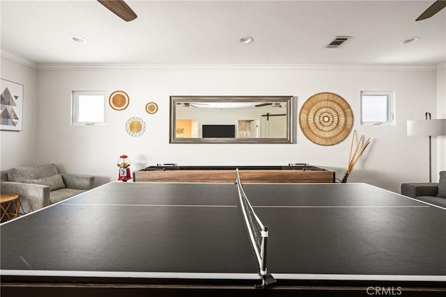 17252 Breda Ln, Huntington Beach, CA 92649 - recreation room with ceiling fan, crown molding, and recessed lighting