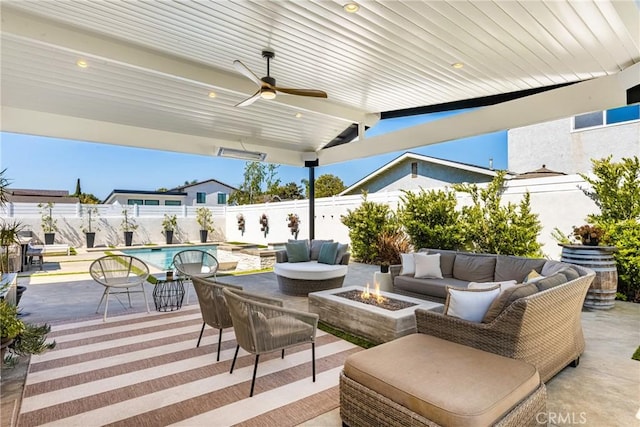 17252 Breda Ln, Huntington Beach, CA 92649 - view of patio / terrace with an outdoor living space with a fire pit, a fenced backyard, and ceiling fan