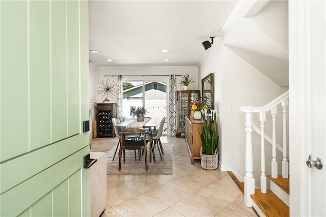 17252 Breda Ln, Huntington Beach, CA 92649 - dining area featuring stairs, light tile patterned floors, ornamental molding, baseboards, and recessed lighting