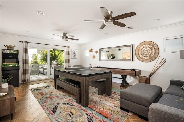 17252 Breda Ln, Huntington Beach, CA 92649 - recreation room featuring ornamental molding, a ceiling fan, wood finished floors, and recessed lighting