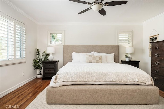 17252 Breda Ln, Huntington Beach, CA 92649 - bedroom featuring dark wood-style flooring, ornamental molding, baseboards, and a ceiling fan