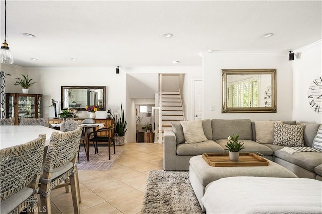 17252 Breda Ln, Huntington Beach, CA 92649 - living room featuring light tile patterned floors, ornamental molding, stairway, and recessed lighting