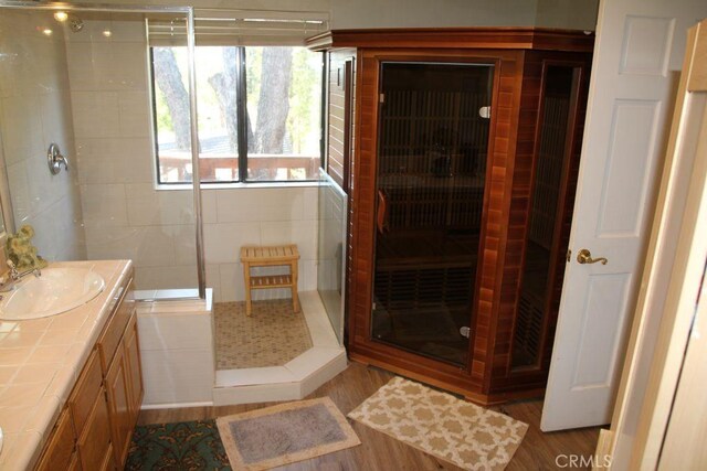 2205 Freeman Dr, Pine Mountain Club, CA 93225 - bathroom with wood finished floors, a stall shower, and vanity