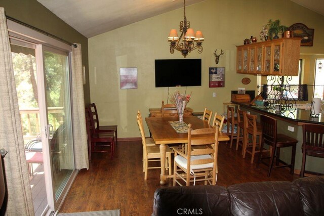 2205 Freeman Dr, Pine Mountain Club, CA 93225 - dining area featuring vaulted ceiling, wood finished floors, and a chandelier