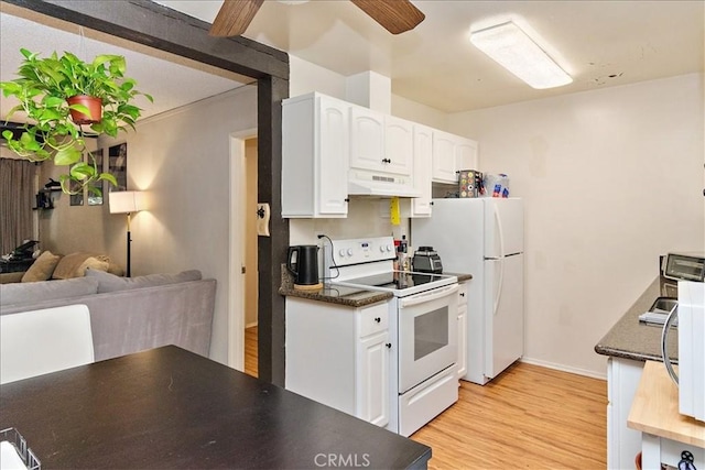 1000 W Macarthur Blvd Unit 44, Santa Ana, CA 92707 - kitchen featuring white appliances, under cabinet range hood, white cabinetry, dark countertops, and light wood finished floors