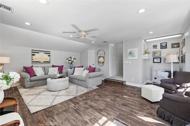 19129 E Orangepath St, Glendora, CA 91741 - living room with recessed lighting, wood finished floors, a ceiling fan, baseboards, and lofted ceiling