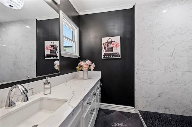 19129 E Orangepath St, Glendora, CA 91741 - full bath with tile patterned flooring, vanity, crown molding, and baseboards