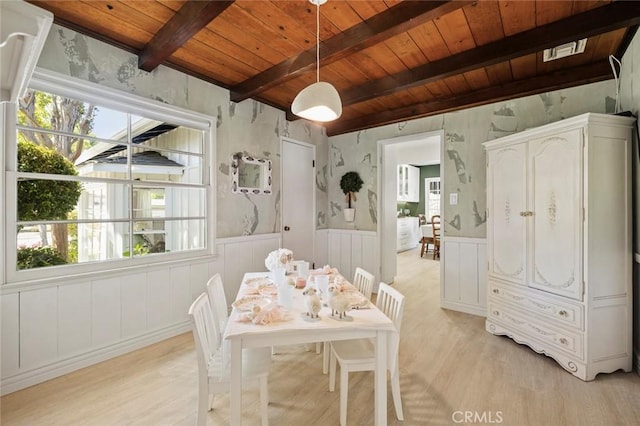 19129 E Orangepath St, Glendora, CA 91741 - dining area with wood ceiling, light wood-style flooring, healthy amount of natural light, beam ceiling, and wainscoting