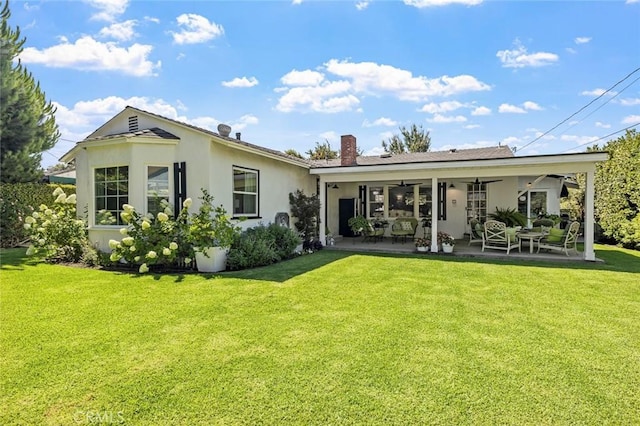 19129 E Orangepath St, Glendora, CA 91741 - back of property with a ceiling fan, a yard, a patio, stucco siding, and a chimney