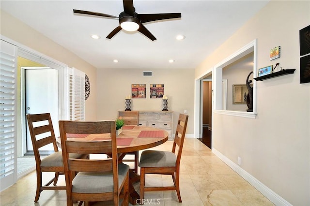 dining area with ceiling fan, recessed lighting, baseboards, and light tile patterned floors
