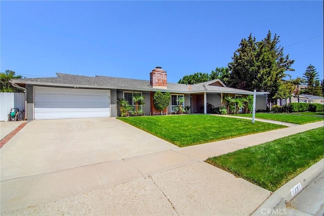 ranch-style house with a front lawn, a garage, concrete driveway, a chimney, and stucco siding