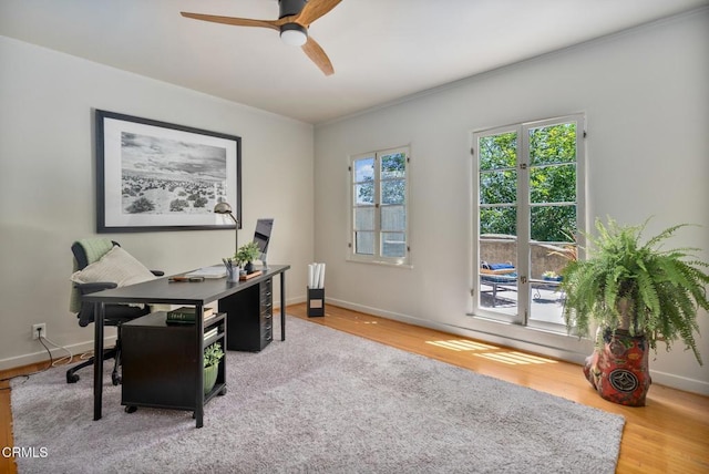 2707 Hermosita Dr, Glendale, CA 91208 - office area featuring a ceiling fan, wood finished floors, baseboards, and ornamental molding