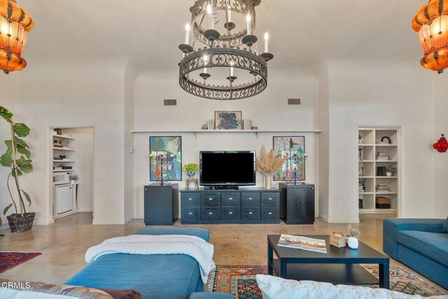2707 Hermosita Dr, Glendale, CA 91208 - living room with built in features, a towering ceiling, and baseboards
