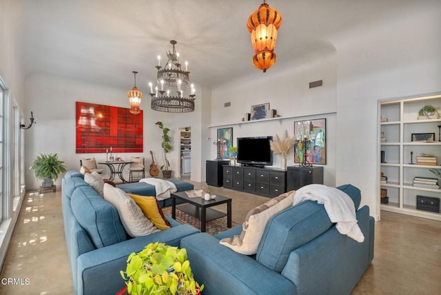 2707 Hermosita Dr, Glendale, CA 91208 - living room with a chandelier, finished concrete flooring, and a high ceiling