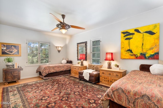 2707 Hermosita Dr, Glendale, CA 91208 - bedroom featuring wood finished floors, ornamental molding, baseboards, and a ceiling fan