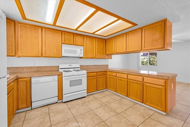 72454 El Paseo Dr Unit 29, Palms, CA 92277 - kitchen featuring white appliances, a peninsula, light tile patterned floors, and brown cabinetry