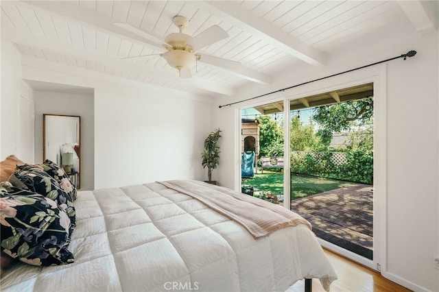 3316 Henrietta Ave, La Crescenta, CA 91214 - bedroom featuring access to outside, beamed ceiling, wood finished floors, wood ceiling, and a ceiling fan