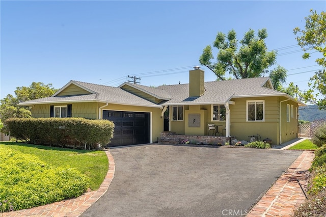 3316 Henrietta Ave, La Crescenta, CA 91214 - ranch-style house featuring a chimney, a garage, driveway, roof with shingles, and a front lawn