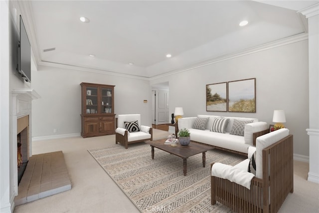 living room featuring light carpet, a fireplace with raised hearth, crown molding, recessed lighting, and baseboards