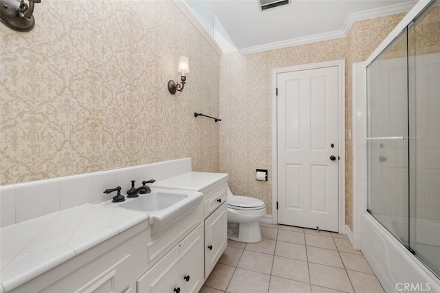 full bath featuring wallpapered walls, toilet, tile patterned floors, vanity, and crown molding
