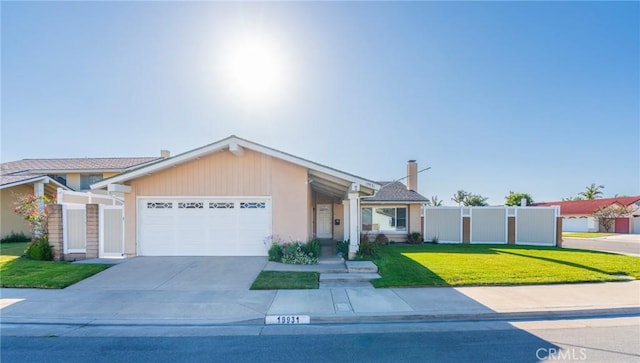 19931 Leecrest Ln, Huntington Beach, CA 92646 - ranch-style house featuring an attached garage, concrete driveway, and a chimney