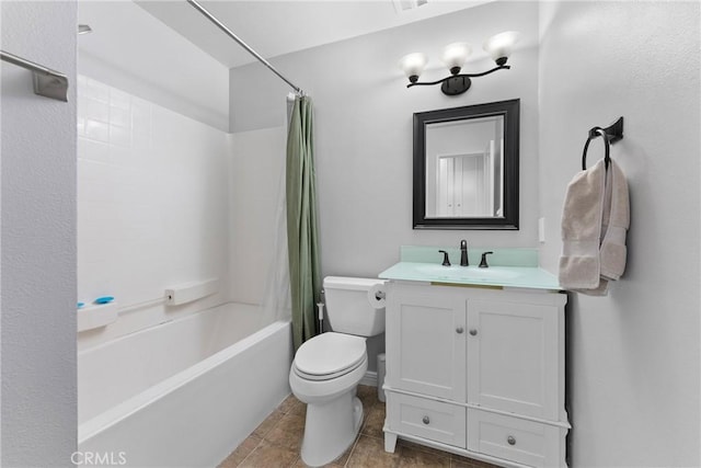 19931 Leecrest Ln, Huntington Beach, CA 92646 - bathroom featuring shower / bathtub combination with curtain, toilet, vanity, and tile patterned flooring
