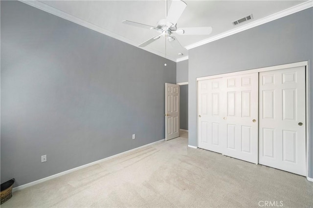 29365 Sparkling Dr, Menifee, CA 92584 - unfurnished bedroom featuring ornamental molding, carpet floors, a closet, baseboards, and ceiling fan