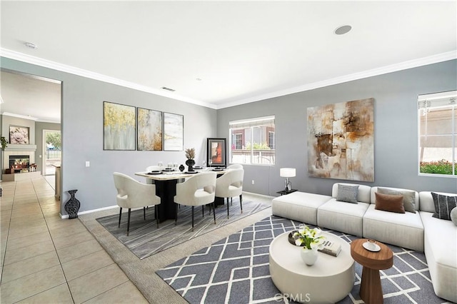 29365 Sparkling Dr, Menifee, CA 92584 - living room with tile patterned flooring, ornamental molding, and baseboards