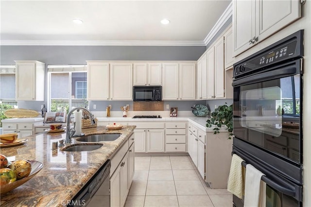 29365 Sparkling Dr, Menifee, CA 92584 - kitchen with black appliances, a sink, light stone counters, light tile patterned floors, and ornamental molding