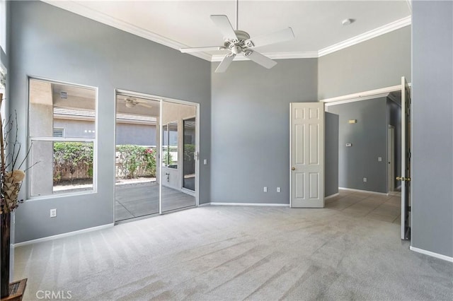 29365 Sparkling Dr, Menifee, CA 92584 - unfurnished bedroom featuring crown molding, access to outside, carpet flooring, baseboards, and a towering ceiling