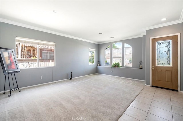 29365 Sparkling Dr, Menifee, CA 92584 - foyer entrance featuring crown molding, baseboards, tile patterned flooring, and carpet