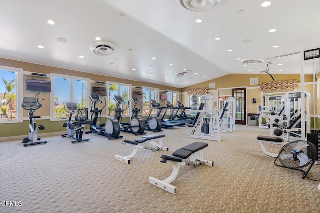 1541 Windshore Way, Oxnard, CA 93035 - exercise room featuring lofted ceiling, recessed lighting, carpet floors, and baseboards
