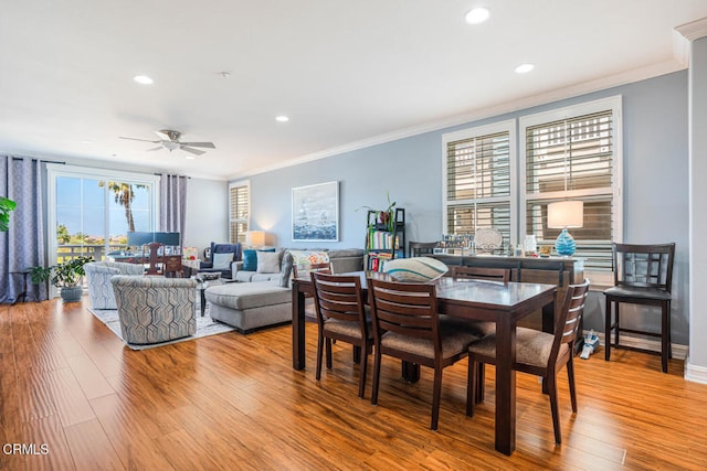 1541 Windshore Way, Oxnard, CA 93035 - dining space with ornamental molding, wood finished floors, a ceiling fan, and recessed lighting