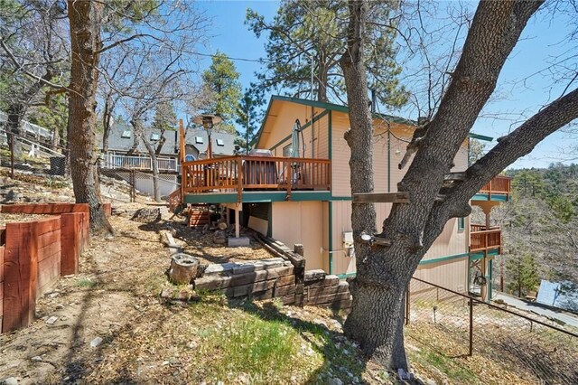 1179 Ridge Rd, Fawnskin, CA 92333 - rear view of property with a wooden deck, fence, and stairs